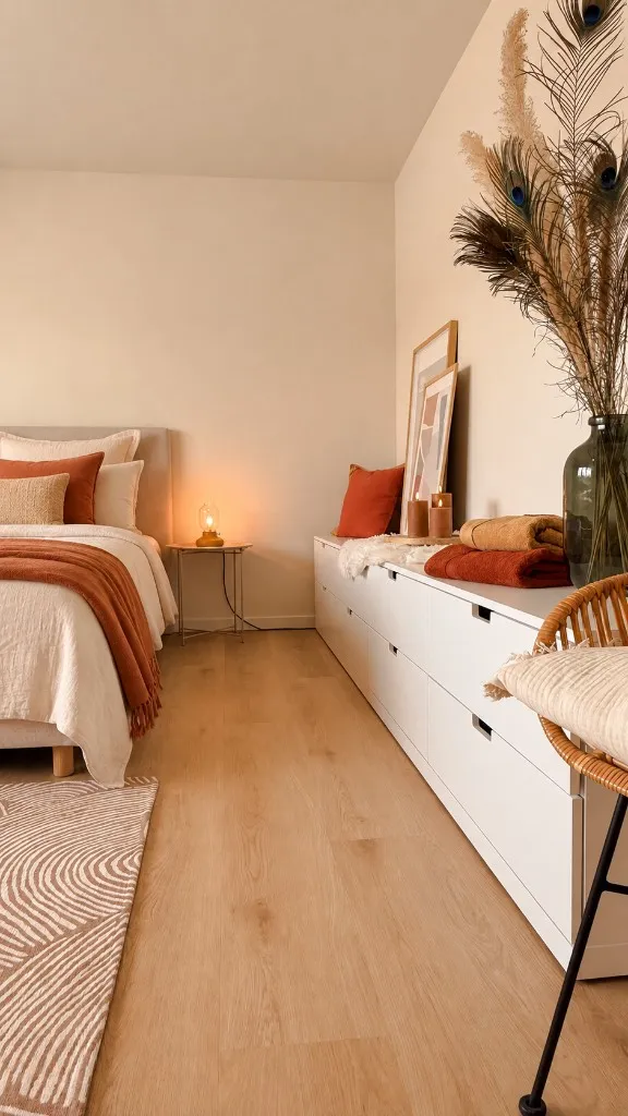 Grote slaapkamer met bed, dressoir en terracotta accenten