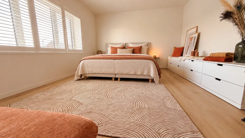 Grote slaapkamer met tweepersoonsbed, shutterramen en licht houten vloer