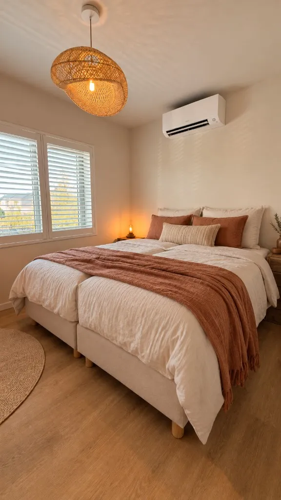 Kleine slaapkamer met tweepersoonsbed, rieten hanglamp en shutterraam